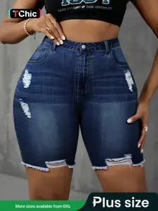 【Plus Size】 High Waist Ripped Denim Shorts, Casual Pocket Design Shorts for Daily Wear, Women's Bottoms for Summer, Button Pocket Shorts