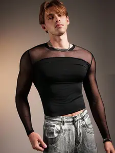 Men's Fashionable Sexy Mesh Patchwork Long Sleeve Crew Neck T-Shirt, For Fall