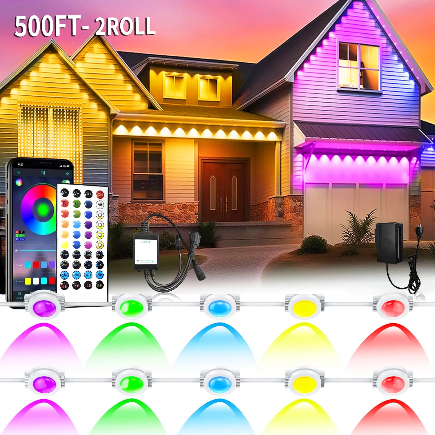 Permanent Outdoor Lights for House,Waterproof Smart RGB LED Eaves Lights，permanent outdoor lights with App/Remote Control,Music synchronisation，for House,Halloween,Roof,Christmas Decorations