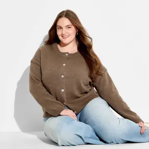 Women's Crewneck Cable Trim Cardigan - Wild Fable Brown 1X