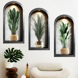 3-piece set, Nordic green plant themed simulated arched window flower basin wall sticker, self-adhesive removable decorative sticker, suitable for wall decoration in living rooms, dining rooms, and study rooms