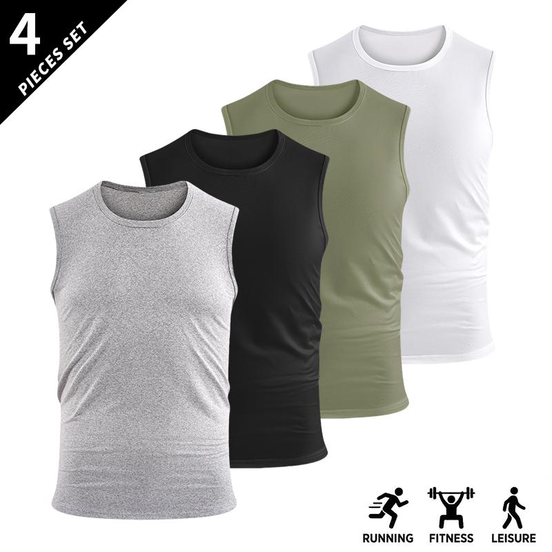 4-pack men’s athletic breathable lightweight sleeveless tank tops, loose fit; quick-dry crew neck sleeveless top; men’s sleeveless shirt/top for gym training.
