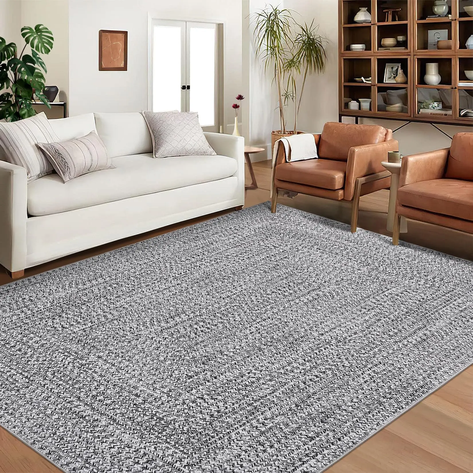 Garvee Braided Area Rug 9x12 Washable Modern Geometric Print Accent Rug for Living Room, Low Pile Thin Foldable Rustic Floor Cover with Non Slip Border for Bedroom and Dining, Gray
