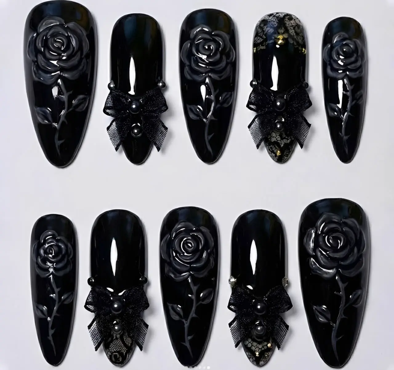 Handmade Black Rose & Lace Goth Press On Nails | 3D Sculpted Roses, Ribbon Bows Pearl | Long Oval Nails For Dark Romance Vibe