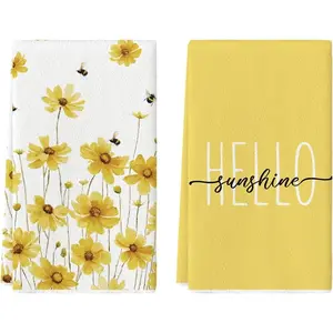 Yellow Flowers Bee Hello Sunshine Spring Kitchen Towels Dish Towels, 18x26 Inch Summer Holiday Decoration Hand Towels Set of 2