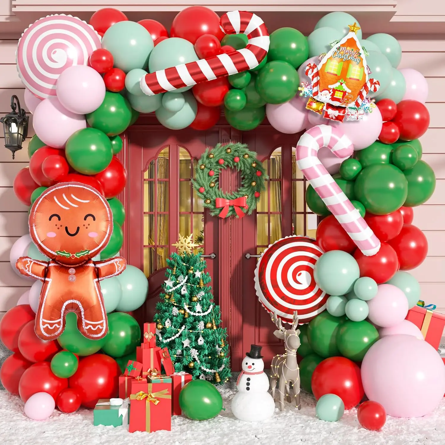 Christmas Balloon Garland Arch Kit, 115 Pcs Xmas Balloon Decorations With Pink Red Green Latex Balloons Gingerbread Man Foil Balloons Candy Cane House Helium For Kids Christmas New Year Party Supplies