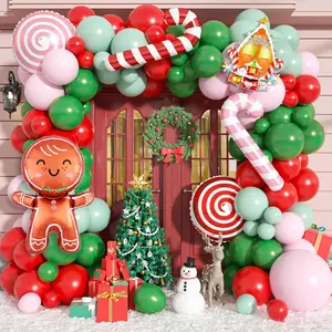 Christmas Balloon Garland Arch Kit, 115 Pcs Xmas Balloon Decorations With Pink Red Green Latex Balloons Gingerbread Man Foil Balloons Candy Cane House Helium For Kids Christmas New Year Party Supplies