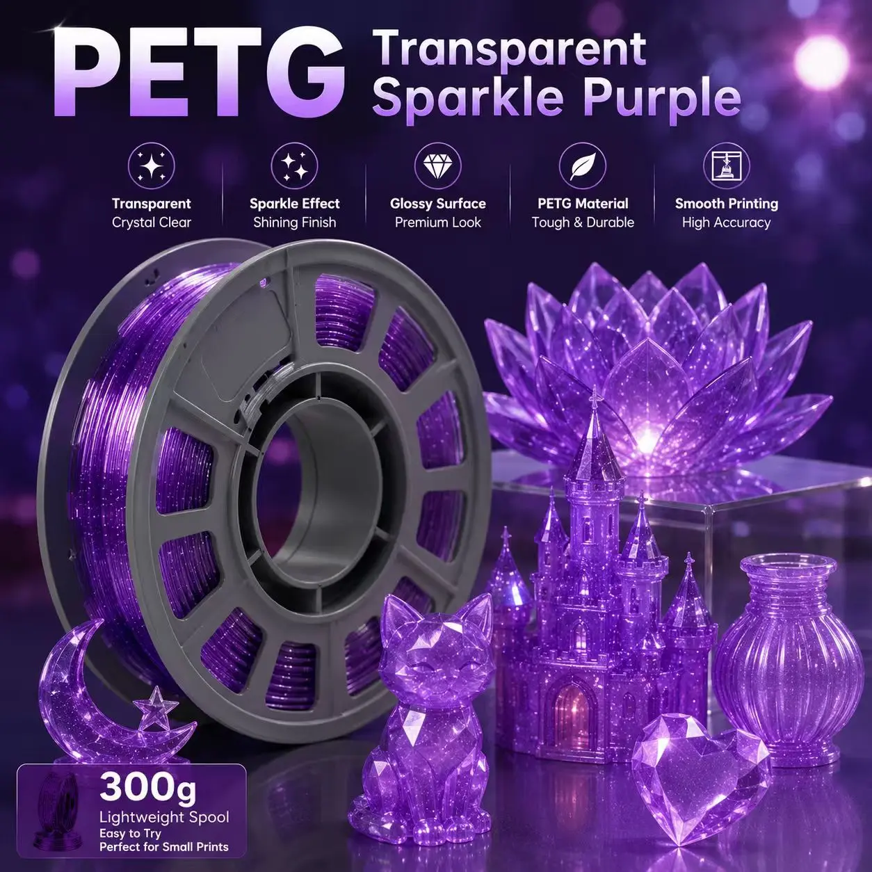 Transparent Sparkle Purple PETG 3D Printer Filament 1.75mm, 0.66lbs ， Dreamy Galaxy Purple with Silver Speckles Low Warpage No Clogging, Perfect for Mystical Art Decor Designer Toys & Statement Pieces printing fdm
