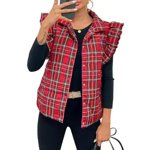 Womens Red Plaid Puffer Vests Ruffle Sleeveless Button Down Lightweight Quilted Vest Ruffled Sleeve Outerwear Vest Fall Winter Padded Gilets Coats with Pockets Casual  Womenswear Tops Turtle