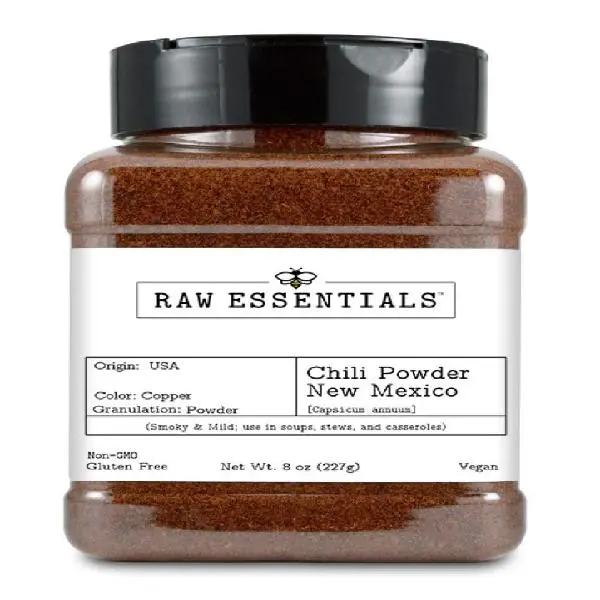 Raw Essentials New Mexico Red Chili Powder - Smoky & Mild Flavor - Perfect for Soups, Stews, & Casseroles - Non-GMO, Gluten Free and Vegan - 8 Ounce Bottle