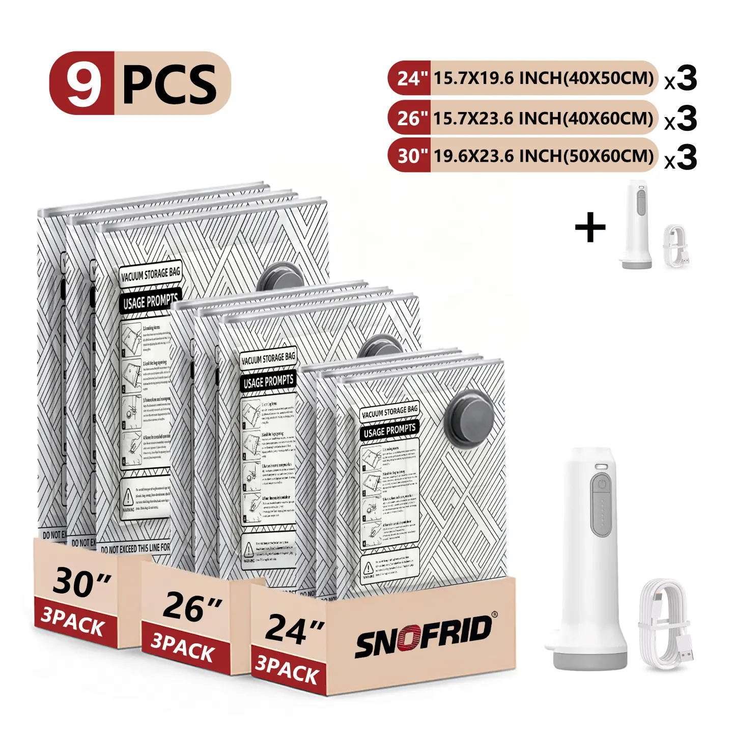 Snofrid Cordless Travel Vacuum Storage Compression Bag Set – 15-Pack in 3 Sizes – USB Rechargeable Handheld Pump with Built-In Battery – Waterproof & Reusable Space Saver for Clothes & Packing, Perfect for Carry-On Suitcases