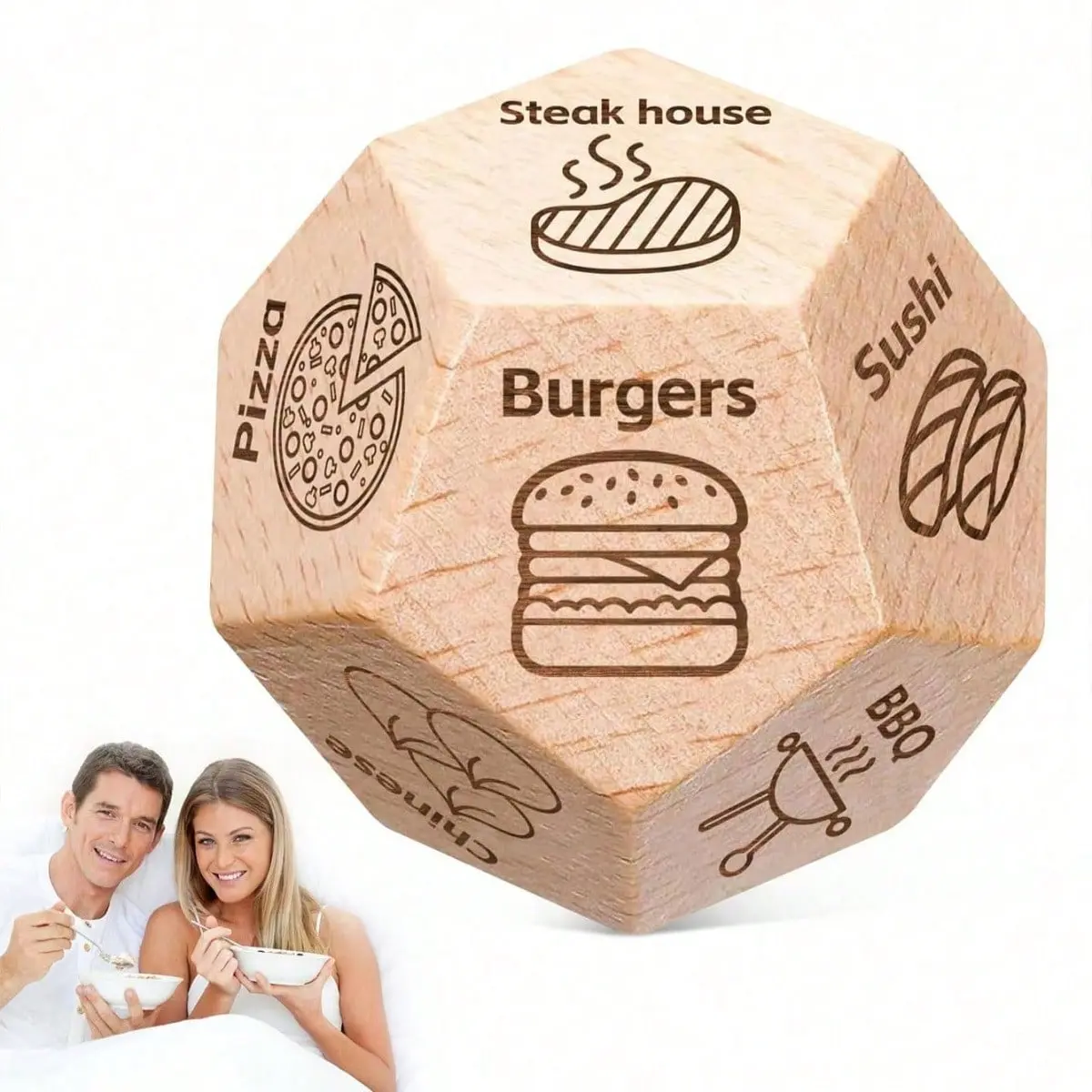 1pc Wooden Board Game Polyhedral Dice Personalized Dice Suitable for Couples To Date and Choose Delicious Food, with Pattern