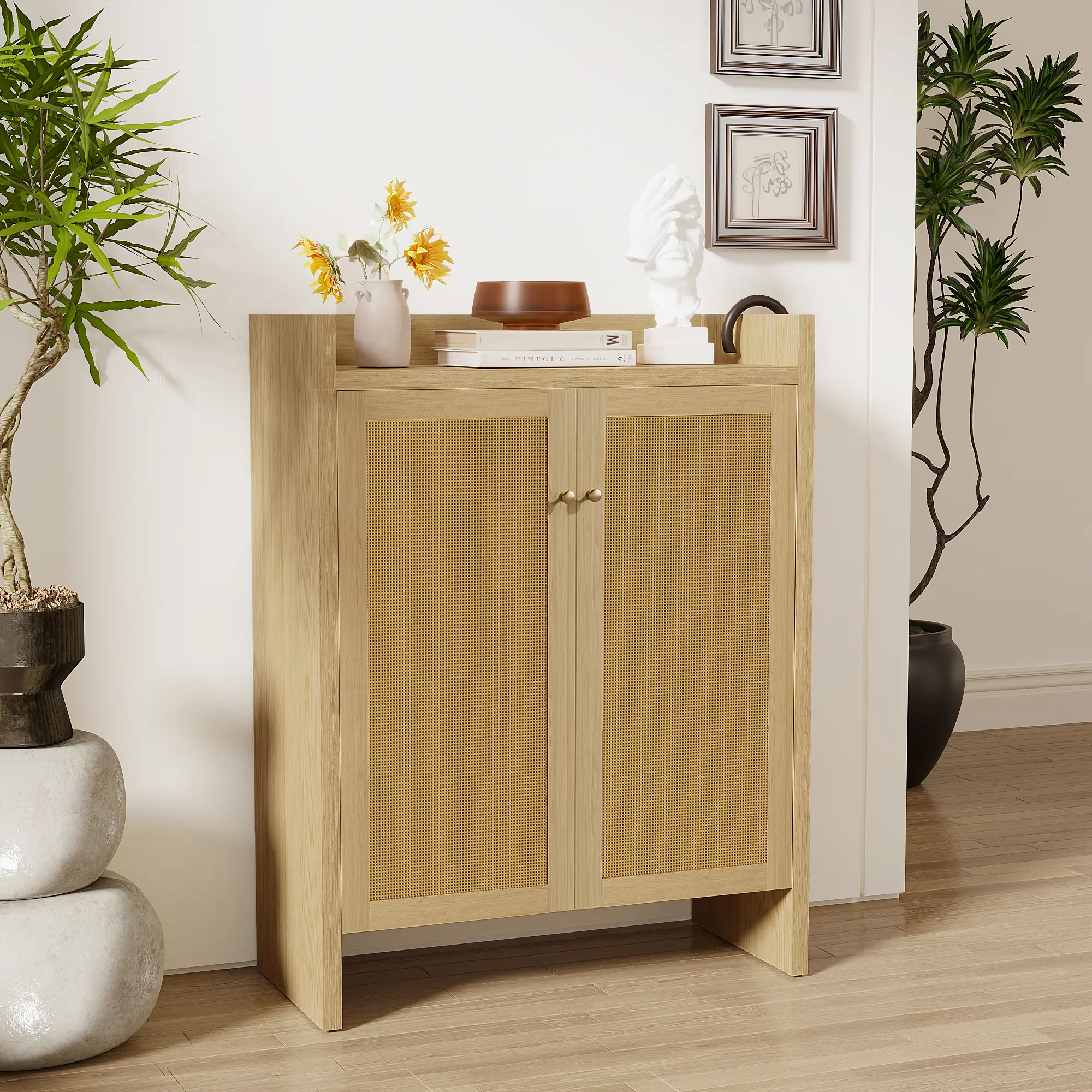 42.5" Tall Rattan Shoe Cabinet with 2 Doors & 6-Tier Adjustable Shelves, Natural, YATU Living