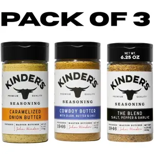 Kinder's Caramelized Onion Butter, Cowboy Butter and The Blend Seasoning with Salt, Pepper, and Garlic Seasoning Variety Pack of 3