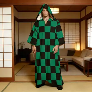 Japanese Anime Cartoon Graphic Print Hooded Pullover Kaftan Robe, Manga Character Art Long Sleeve Closed Front Loungewear, Soft Cotton Otaku Fan Hoodie Robe, Cosplay Sleepwear