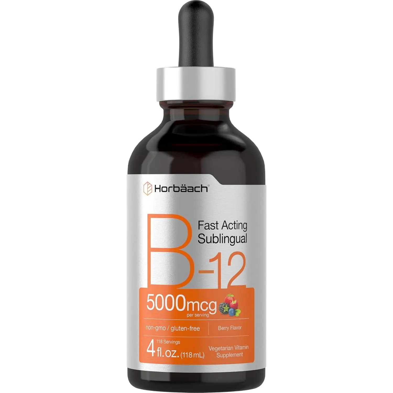 Horbaach B12 Vitamin 5000 mcg Sublingual | 4 Fl Oz | as Methylcobalamin and Cyanocobalamin | Liquid Vegetarian Drops | Berry Flavor | Non-GMO & Gluten Free Supplement