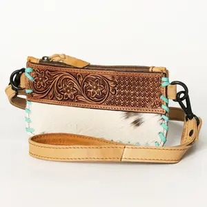 Ameran Darling Women's Wristlet Bag Western Hand Tooled Hair On Genuine Leather Handbag and Ladies Purse