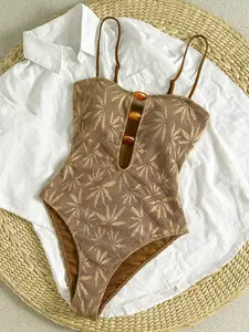 Women's One-Piece Swimsuit Spring Summer New Design Leaf Print Pattern, Sexy Backless Sleeveless Style Triangle Tight-Fitting Beachwear Vacation Set, Tropical Print Swimsuit