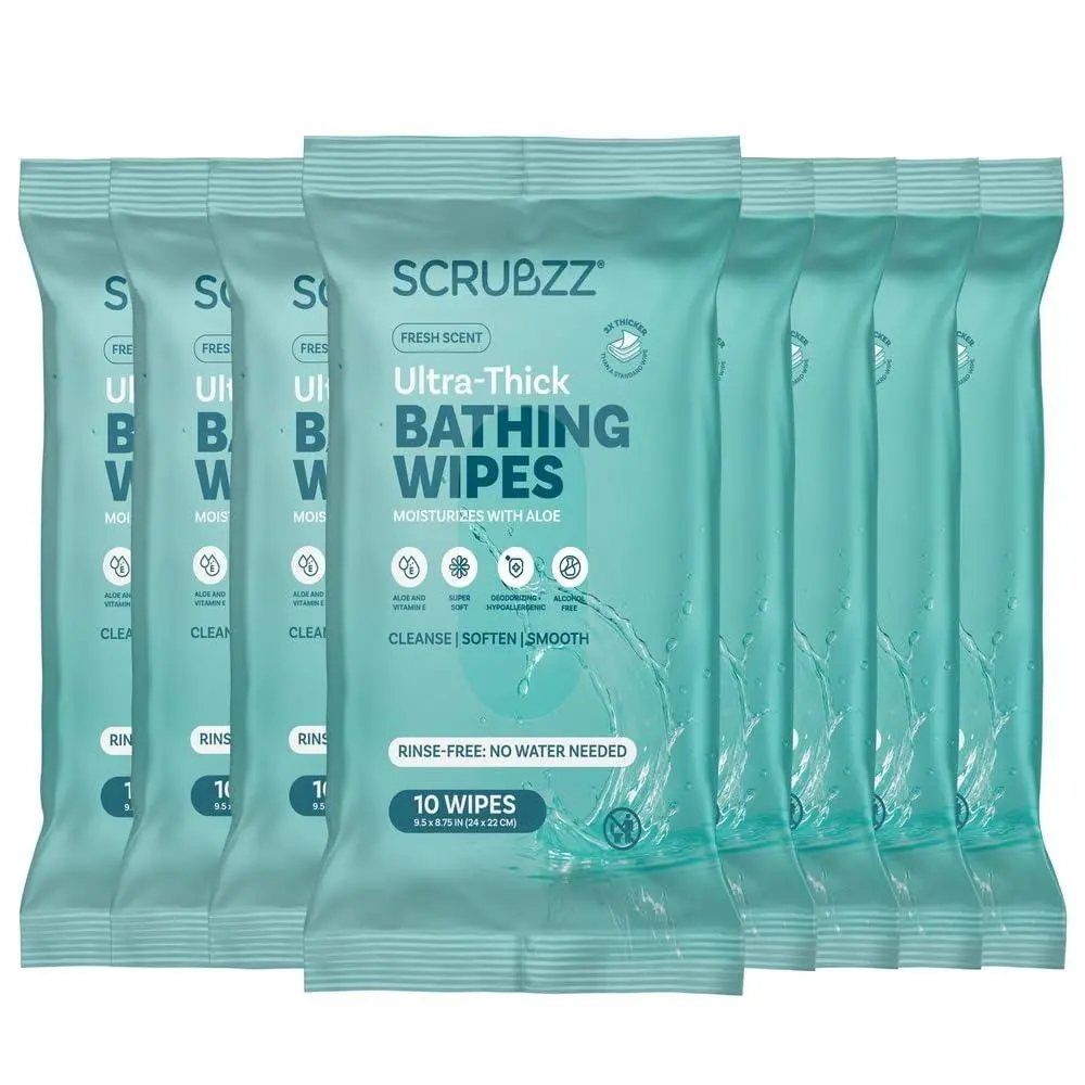 Adult Bath Wipes, 80 Pack of Ultra Thick Disposable Cleaning Cloths, 25% Larger Size with a Fresh Scent - Comfortable No-Rinse Wipes for Elderly, Post-Surgery & Camping, 10 Count (Pack Of 8), 10 Wipes