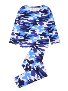 Blue Camouflage Print Pajama Set, Flame Retardant Round Neck Long Sleeve and Pants, Casual Fashion Home Wear