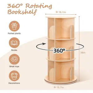OOOK Kids Rotating Bookshelf Tower, 3 Tier Spinning Floor Standing Montessori Bookshelf Storage Rack, Large Chassis 360 Display for Small Space, Kids Room, Nursery