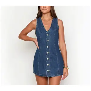 Cowboy dress sleeveless V-neck retro style spring/summer front buckle waistband short fashion versatile women's dressRAIMENTRY