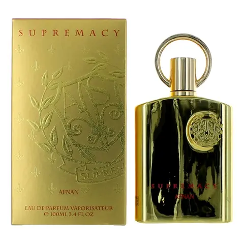 Supremacy Gold by Afnan Unisex Eau de Parfum Spray Bottle - 3.4 fl oz, Oriental Amber Blend with Vanilla, Agarwood (Oud), Cumin, Middle Notes Iris, Patchouli, Peach, Top Notes Violet, Benzoin