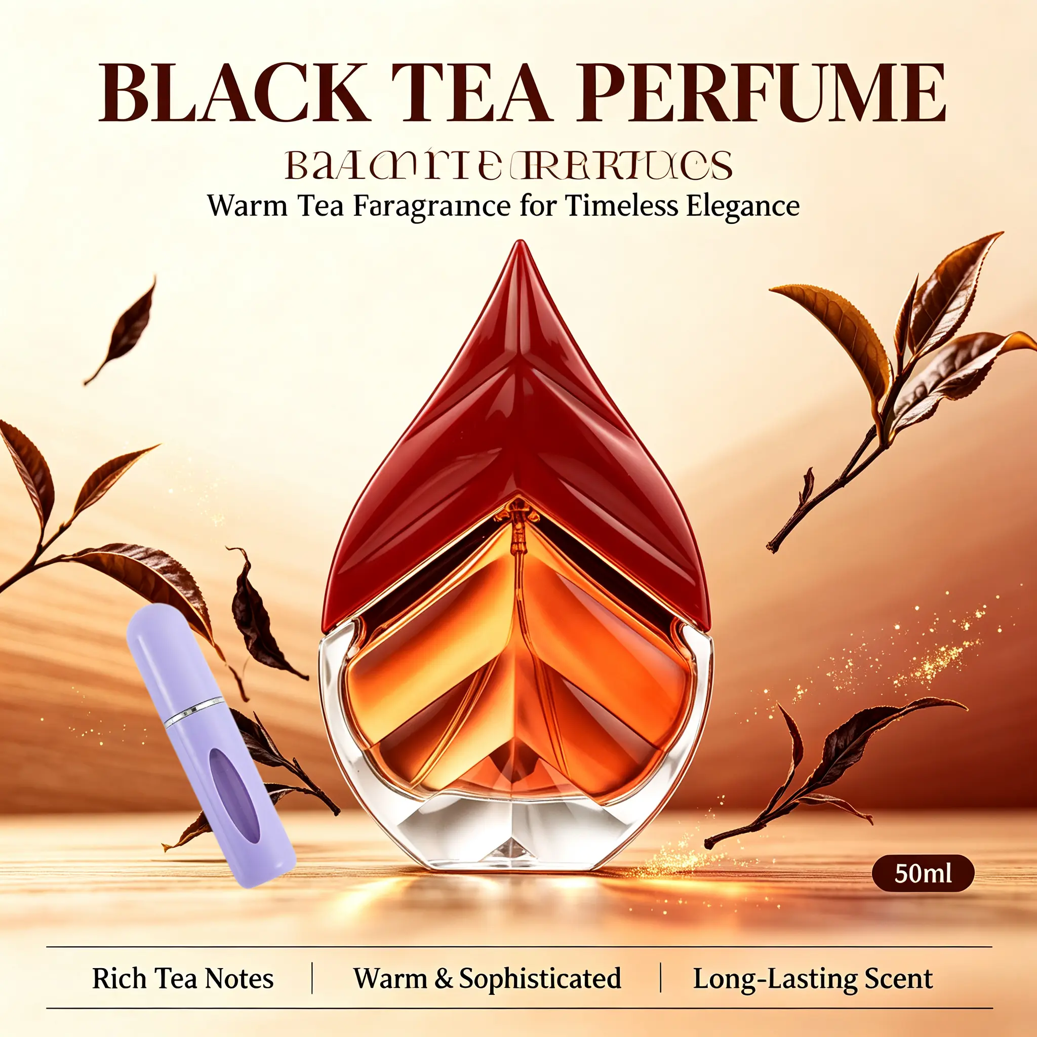 Women’s Black Tea Eau de Parfum 50ml, Long‑Lasting Warm Spicy Perfume with Red Berry Rose Cinnamon Amber Sandalwood Vanilla Notes, Unique Leaf‑Shaped Bottle, Ideal Gift for Evening Wear, Birthday & Holidays