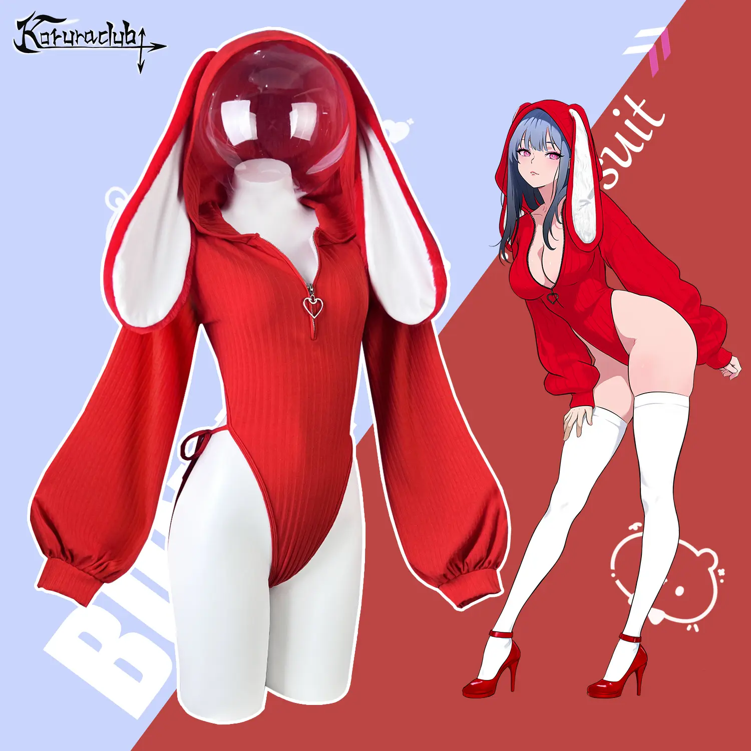 KORURACLUB Red Bunny Suit for Women, Sexy Rabbit Hooded Bodysuit, Anime Cosplay Costume, Cute Halloween Party Outfit