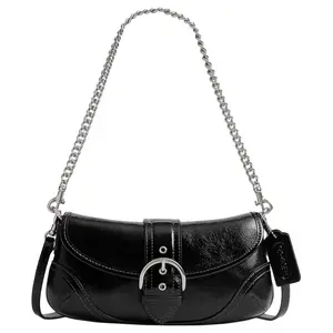 COACH Soho 25 Medium Patent Leather Shoulder Bag with Silver Hardware for Women in Black