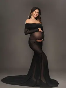 ALLITA Maternity Mesh Off Shoulder Long Sleeve Fitted Maxi Dress for Maternity Photoshoot