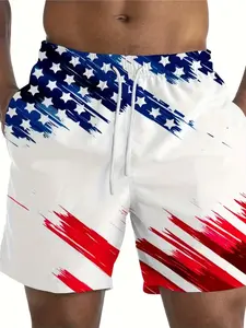 Men's Quick-Dry Breathable 3D American Flag Print Beach Shorts, Elastic Drawstring Waist, Lightweight Polyester Blend, Casual Summer Vacation Street Style, Swim Shorts, Swimming Trunks