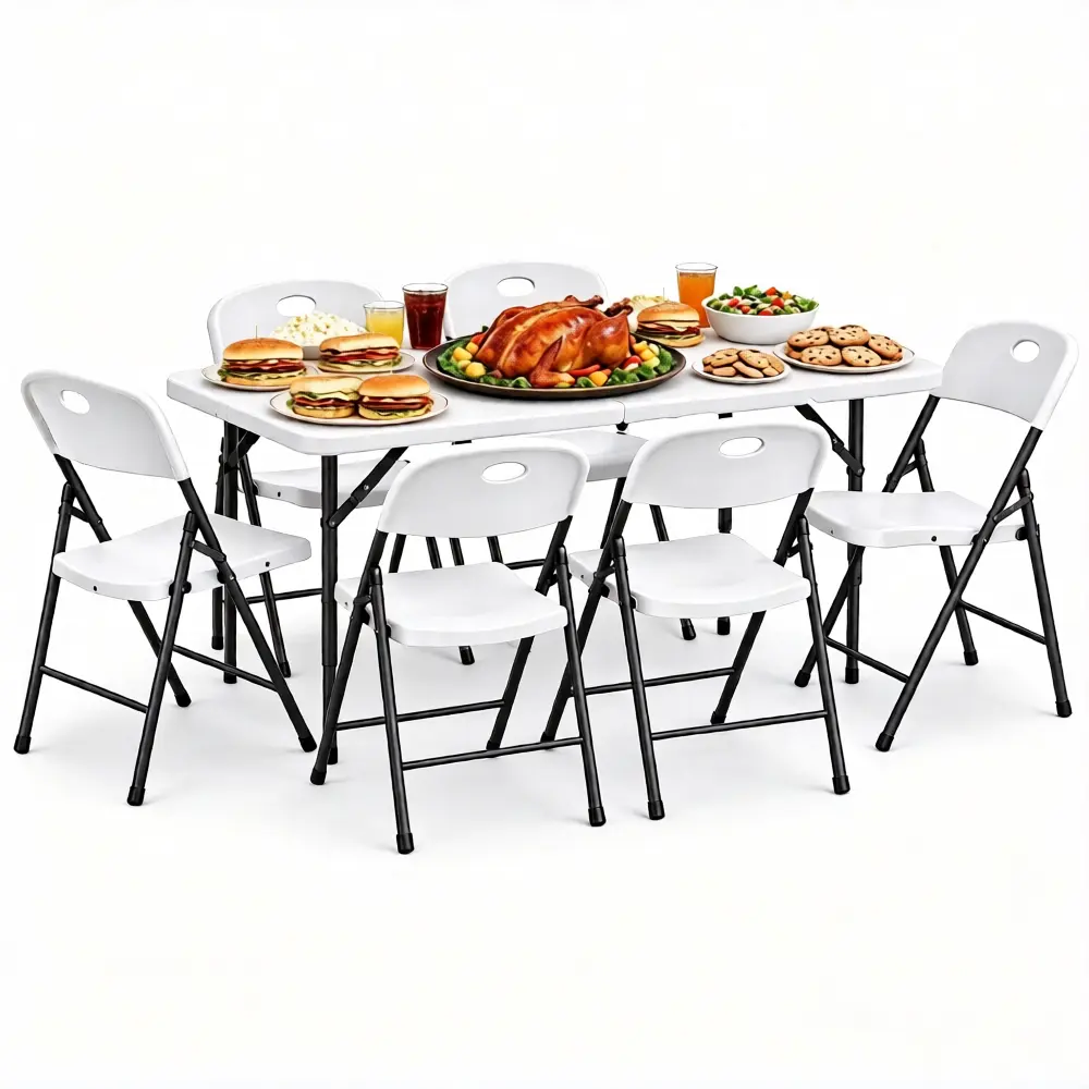 FURNIEDGE 4FT/6FT Folding Table Set with 2/4/6/8 Pack Folding Chairs, No Assembly Portable Event Table and Chairs Set, Heavy Duty Foldable Card Table and Chairs for Outdoor, Camping, Patio, Picnic, Dining, Indoor