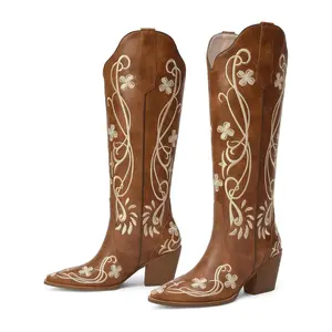 AOSPHIRAYLIAN Retro Women's Cowboy Boots with Floral Embroidery Classic Design Knee-High Western-Style Shoes for Country Music Festivals Black Red Brown