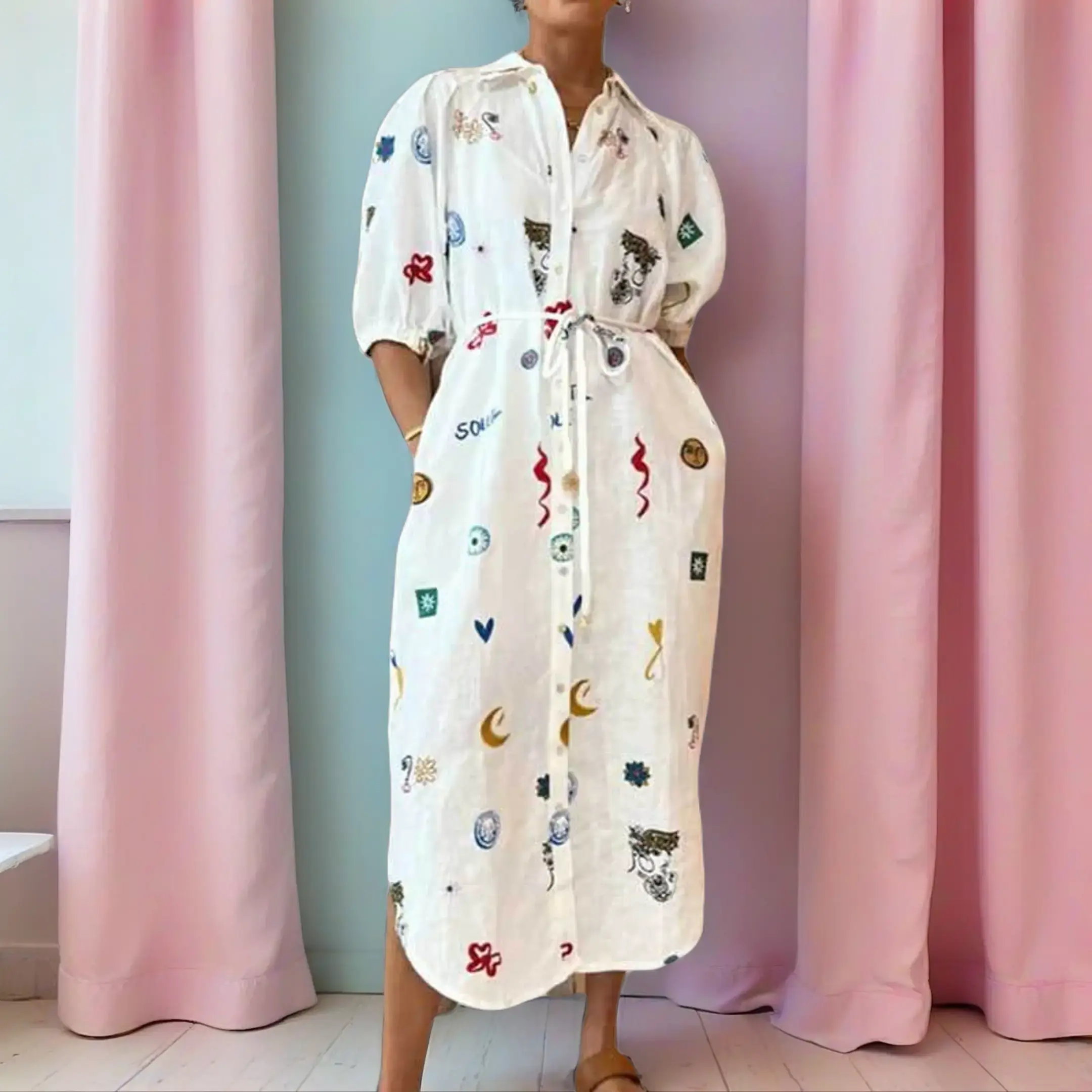 Women's Collared Shirt Dress - Trendy European-Style Casual Printed Cotton-Blend Dress with Tie-Front Waist, Puffed Sleeves