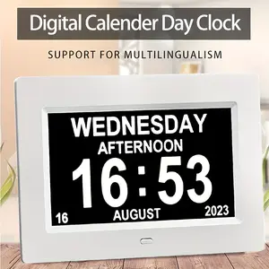 New 7-inch Large Screen Digital Calendar Alarm Clock - Extra-Large Display Multi-Functional Alarms Auto Dimming Sun and Moon Icons 10 Languages Medicine Reminder and Traditional Analog Design for Alzheimers Patients and Seniors Decor Plastic