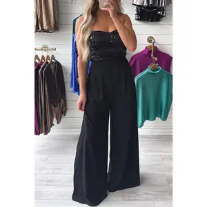 Black Sequin Tube Top Floor Length Wide Leg Jumpsuit