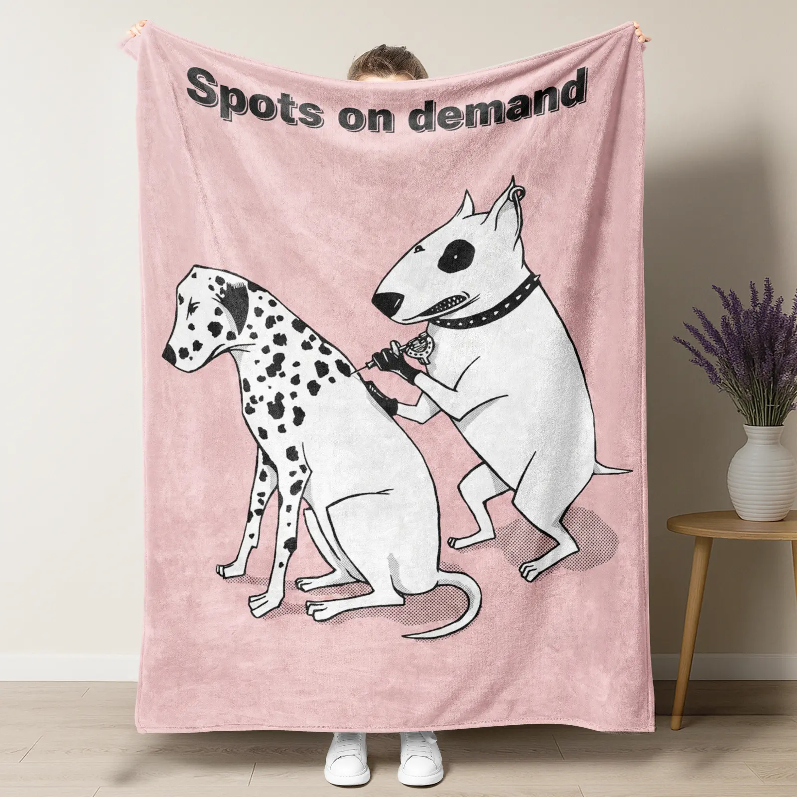 Funny Dog Tattoo Blanket - Bull Terrier Tattoo Artist & Dalmatian "Spots on Demand" Throw Blanket - Quirky Pink Fleece Blanket for Dog Lovers, Tattoo Shop Decor, Pet Parent Gift