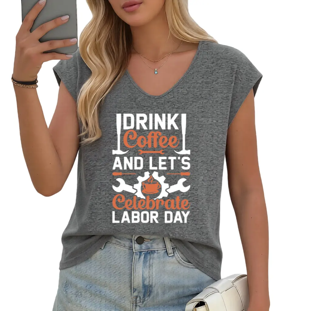 Women's Sleeveless Cotton Vest, Limited Edition Black Regular Fit Top with Funny Coffee & Labor Day Graphic, Breathable Drape, Casual Urban Style, Ideal Mother's Day Gift