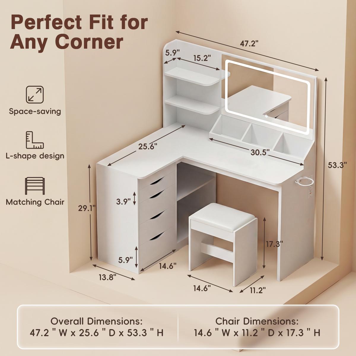FURMAX Corner Makeup Vanity Desk with Lights and Mirror, 47" L Shaped White Vanity Set with Cushioned Stool& Charging Station, , 5 Drawer, Adjustable 3 Lighting Mode, Bedroom Large Dressing Table