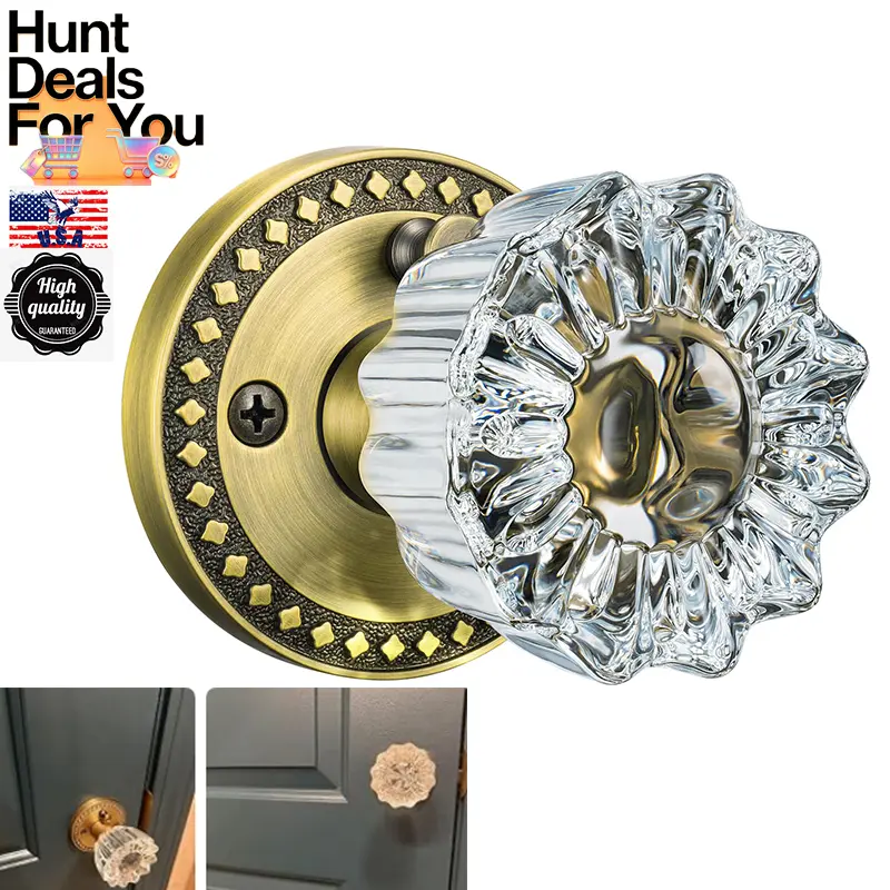 [SUPER DEAL] 1-Pack Antique Brass Glass Surface Interior Door Knob with Lock - Vintage Home Decor for Bedroom, Bathroom