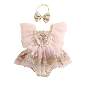 Baby Girl Clothes Floral Boho Lace Romper Bodysuit Romper Jumpsuit with Headband Summer Outfit