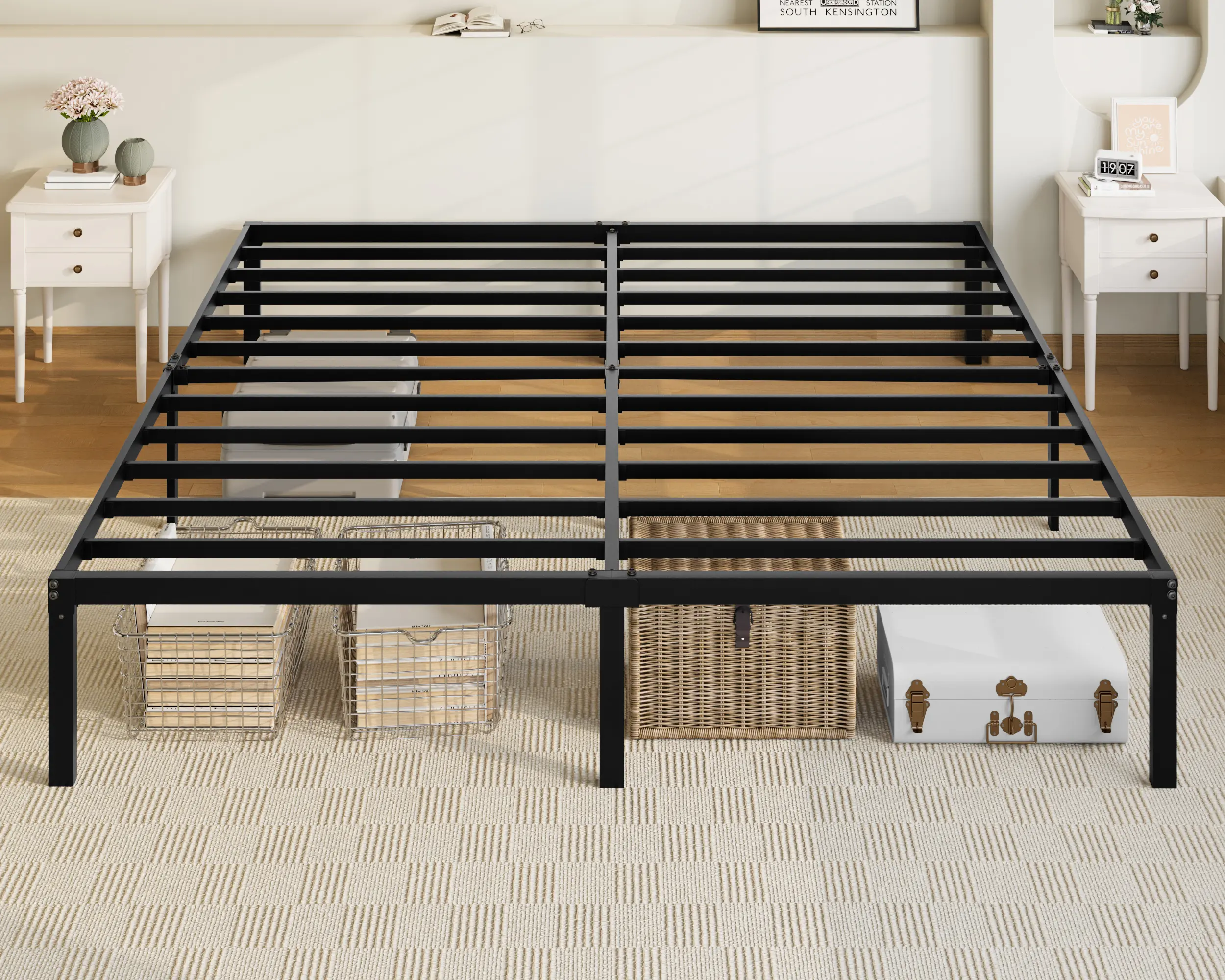 Allewie King Size Metal Bed Frame - 14in Iron Bed Frame with Storage Space, No Box Spring Needed, Easy Assembly, Black, Metal Frame, Iron Bed Frames