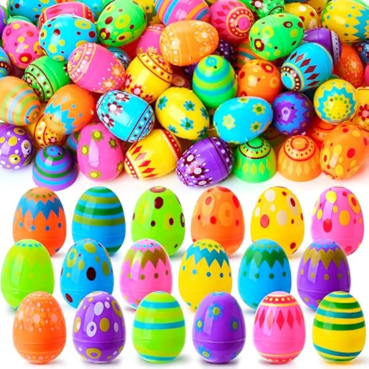 50 Pcs Plastic Printed Bright Easter Eggs 2.3" Tall for Easter Hunt, Basket Stuffers Fillers, Classroom Prize Supplies, Filling Treats and Party Favor
