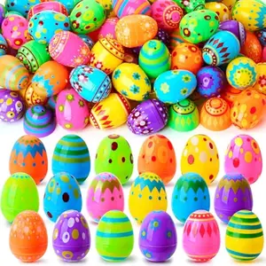 50 Pcs Plastic Printed Bright Easter Eggs 2.3" Tall for Easter Hunt, Basket Stuffers Fillers, Classroom Prize Supplies, Filling Treats and Party Favor