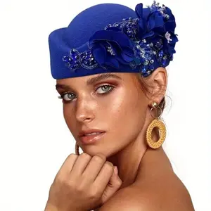 [Vintage British Beret] Vintage British Felt Beret Cap for Women - Lightweight Soft Church Derby Hat with Floral Embellishments, Inelastic Fashion Accessory for Casual & Formal Occasions, Versatile Headwear, Sophisticated Headwear, Intricate Embroidery