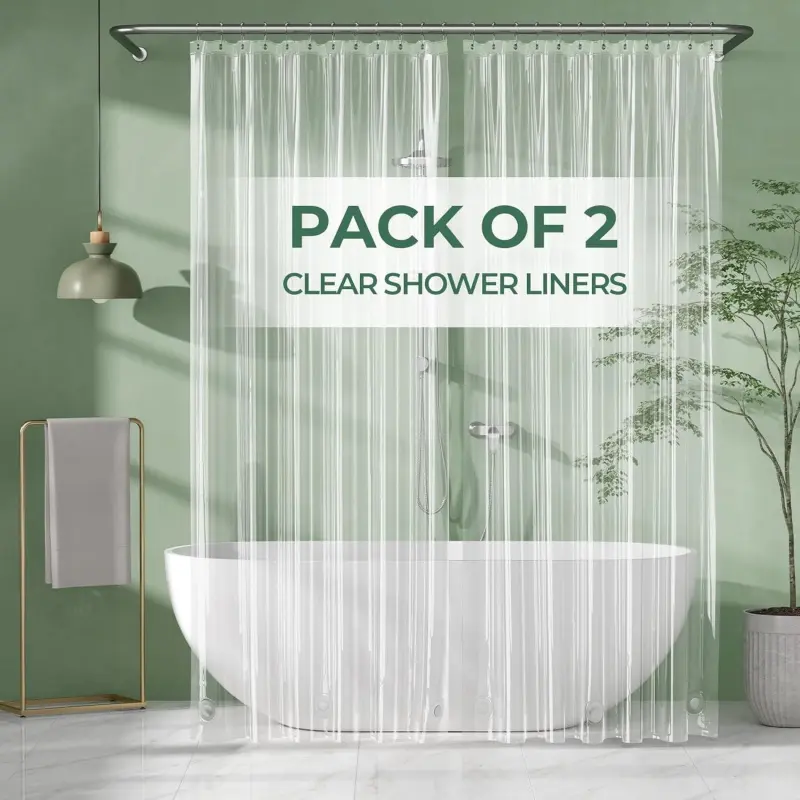 Shower Curtain Liner 2 Pack, 72 x 96 Inches Extra Long PEVA Plastic Shower Liner with 3 Weighted Stones and 12 Rustproof Metal Grommet, Lightweight Waterproof Shower Curtain - Clear