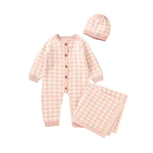 Mimixiong Baby's Button Front Sweater Jumpsuit Set with Pom Pom Bonnet Bow Mittens & Knit Shoes for Newborn Infant Kids Adorable Onesies for Everyday Wear