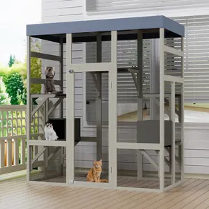 DOMISO Luxury Catio Wooden Cat House Cat Enclosure with Waterproof Top, Cat Cage with 3 Platforms & 2 Napping House Small Pet Animal Cage