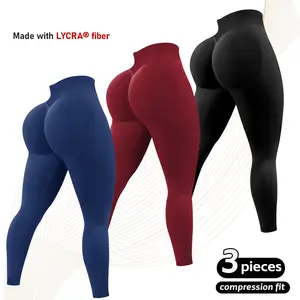 3pcs Lycra fibier  New Color Impact Leggings Fitness Gymwear Tummy Control Scrunch Butt Lifting Sportswear Workout Yoga Gym Pants Women's Solid High Waist Sports Leggings, High Stretch Seamless Yoga Leggings